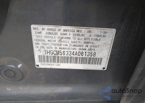 2004 Honda Accord 2.4 Lx from USA, damaged, VIN 1HGCM56334A061358
